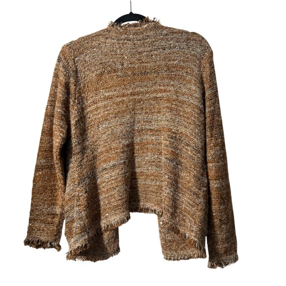 Sioni Brown Tan Textured Fringe Cardigan L w/ Sequins & Pockets - Picture 4 of 15